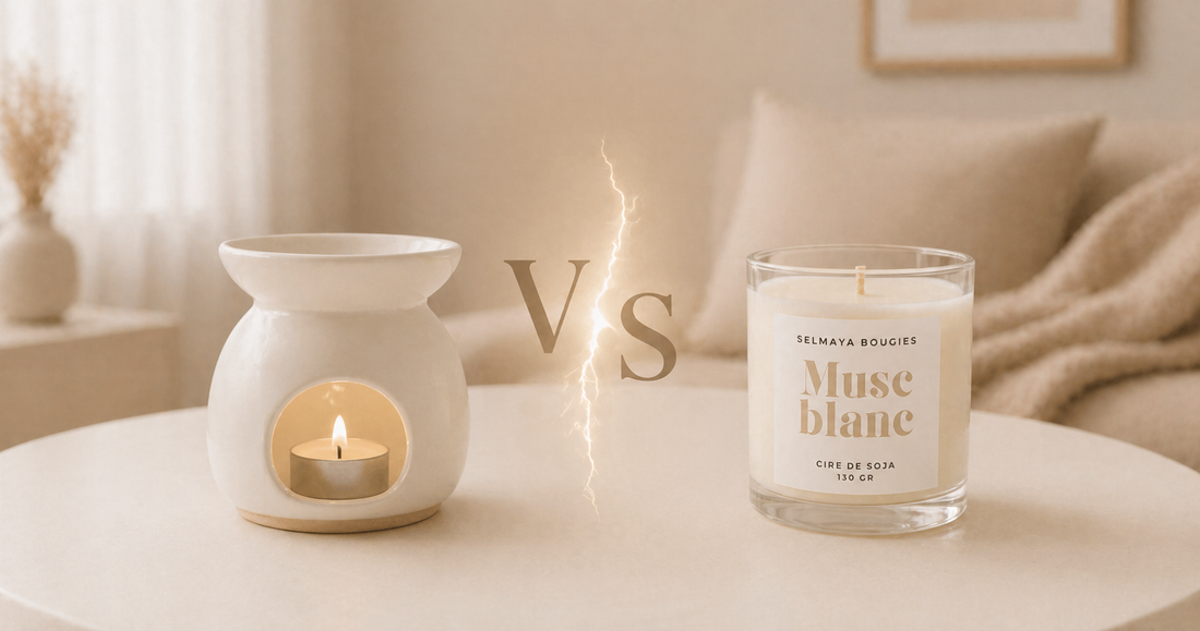 Fondant parfumé et bougie côte à côte - comparatif Selmaya Bougies fragrances de Grasse