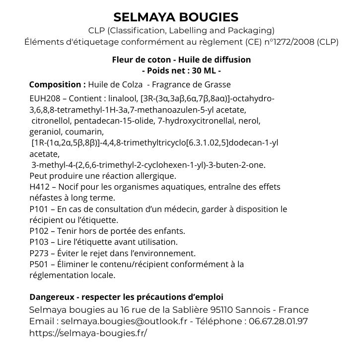 Fleur de coton - Huile de diffusion raffraichissante