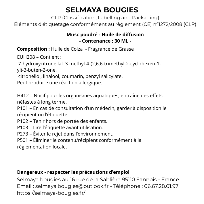 Musc poudré - Huile de diffusion parfumée fait main