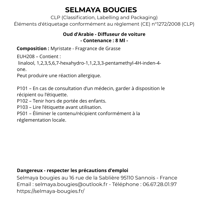 Oud d'Arabie - Diffuseur de voiture à la senteur boisée