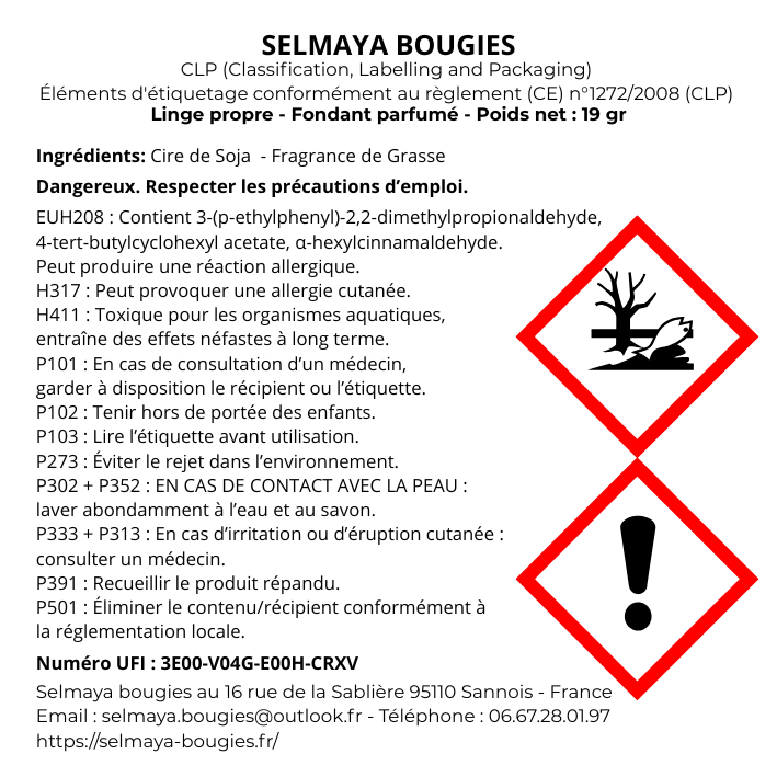 Fiche CLP Linge Propre 19gr - informations sécurité conformes réglementation
