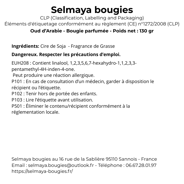 Bougie parfumée  Oud d'Arabie - 130g - 70h - Cire de Soja | Selmaya