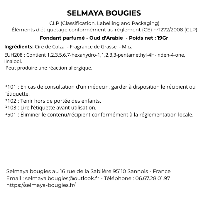 Fiche CLP Oud d'Arabie 19gr - informations sécurité conformes réglementation