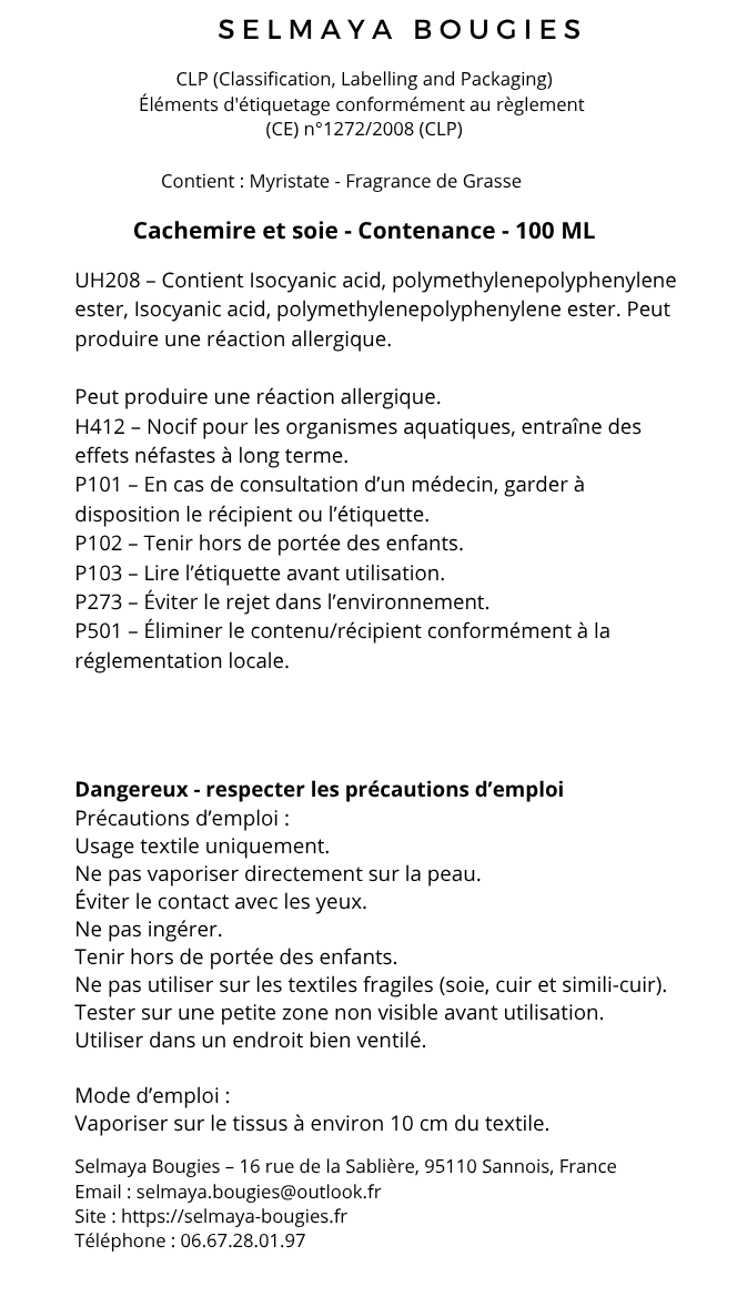 Spray textile Cachemire et soie 100 ml | Selmaya Bougies