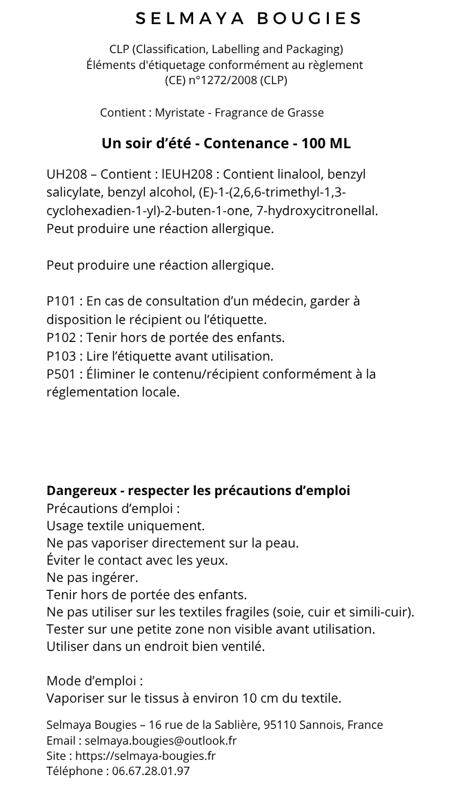 Spray textile Un soir d'été 100 ml | Selmaya Bougies