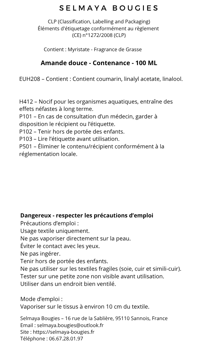 Spray textile Amande douce 100 ml | Selmaya Bougies