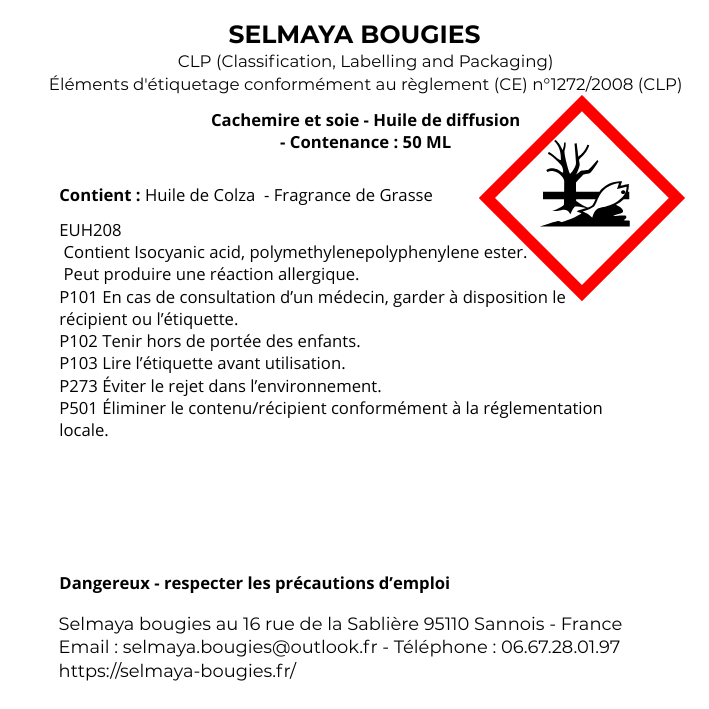 Cachemire et soie - Huile de diffusion - 50 ml