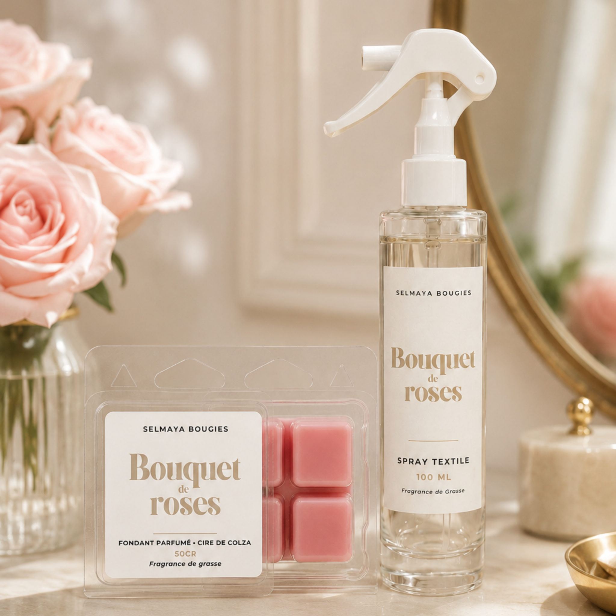 Duo Bouquet de Roses : Spray Textile + Fondant Parfumé Rose