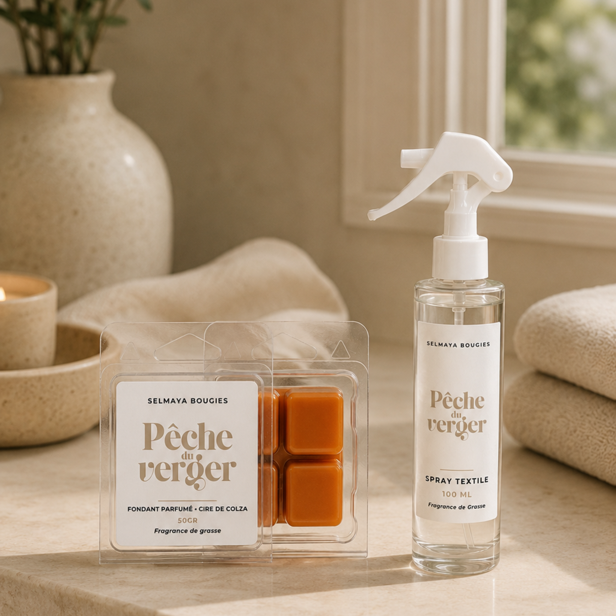 Duo Pêche du Verger : Spray Textile + Fondant Parfumé Fruité